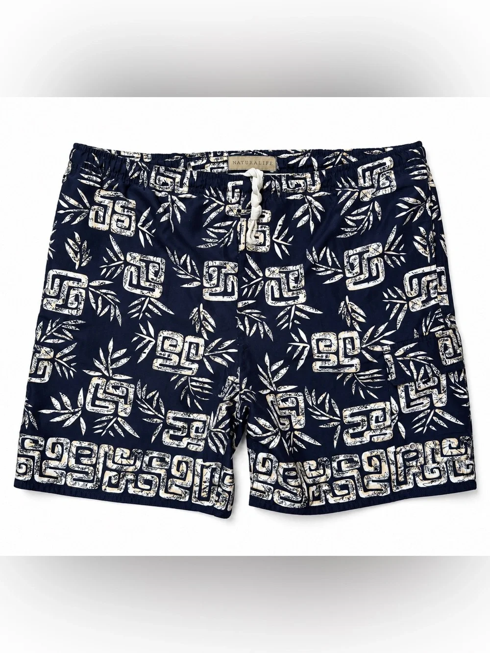 NATURALIFE Navy Blue Geometric Print Swim Trunks Size Medium Beach Hawaiian